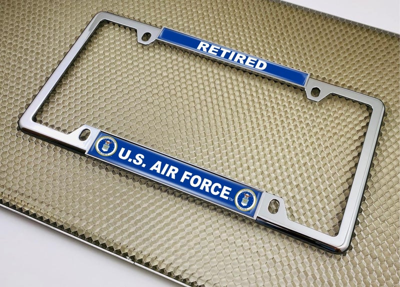 BestLicensePlateFrames [Officially Licensed Product] - USAF - U.S. Air Force Retired - Domed Custom-Made Personalized Narrow (Thin) Top 4 Hole Metal Car License Plate Frame with Free caps - Chrome Frame (Qty: 1) - Image 5